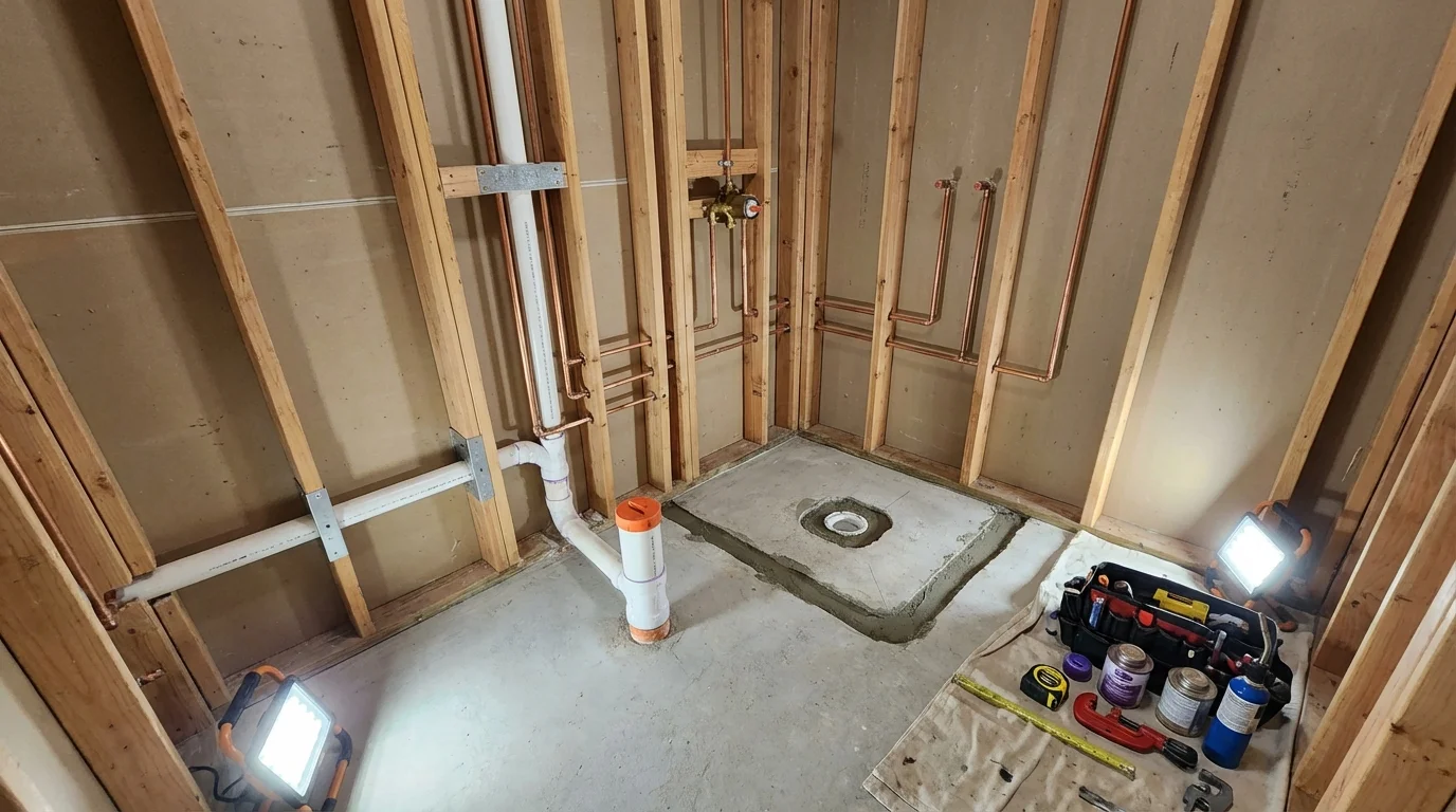 Bathroom rough-in plumbing during remodel by Johns Plumbing LLC in Lake Ozark