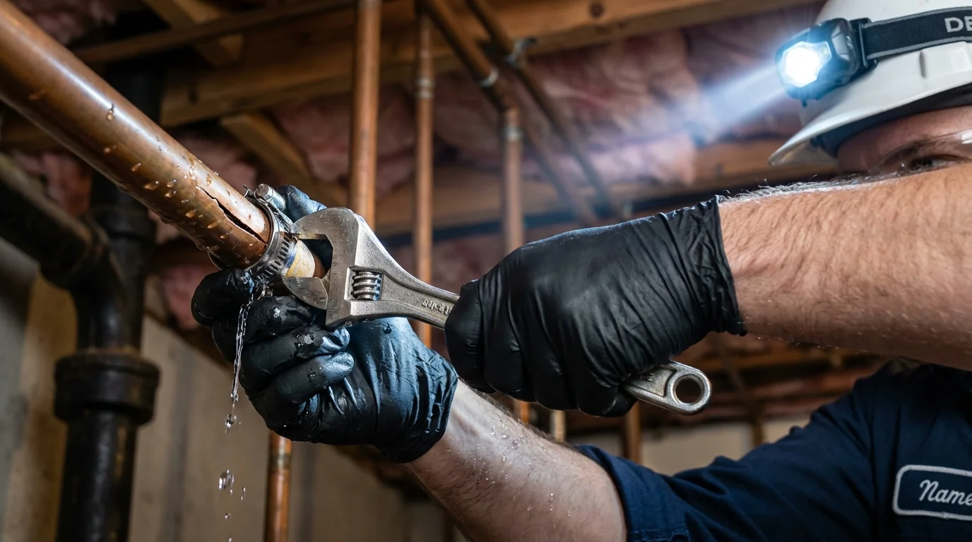 Emergency pipe clamp repair being performed by a Johns Plumbing LLC plumber in Lake Ozark
