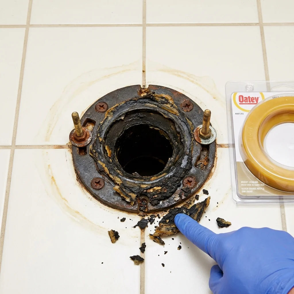 Failed wax ring showing water seepage at the base of a toilet in a Lake Ozark, MO home