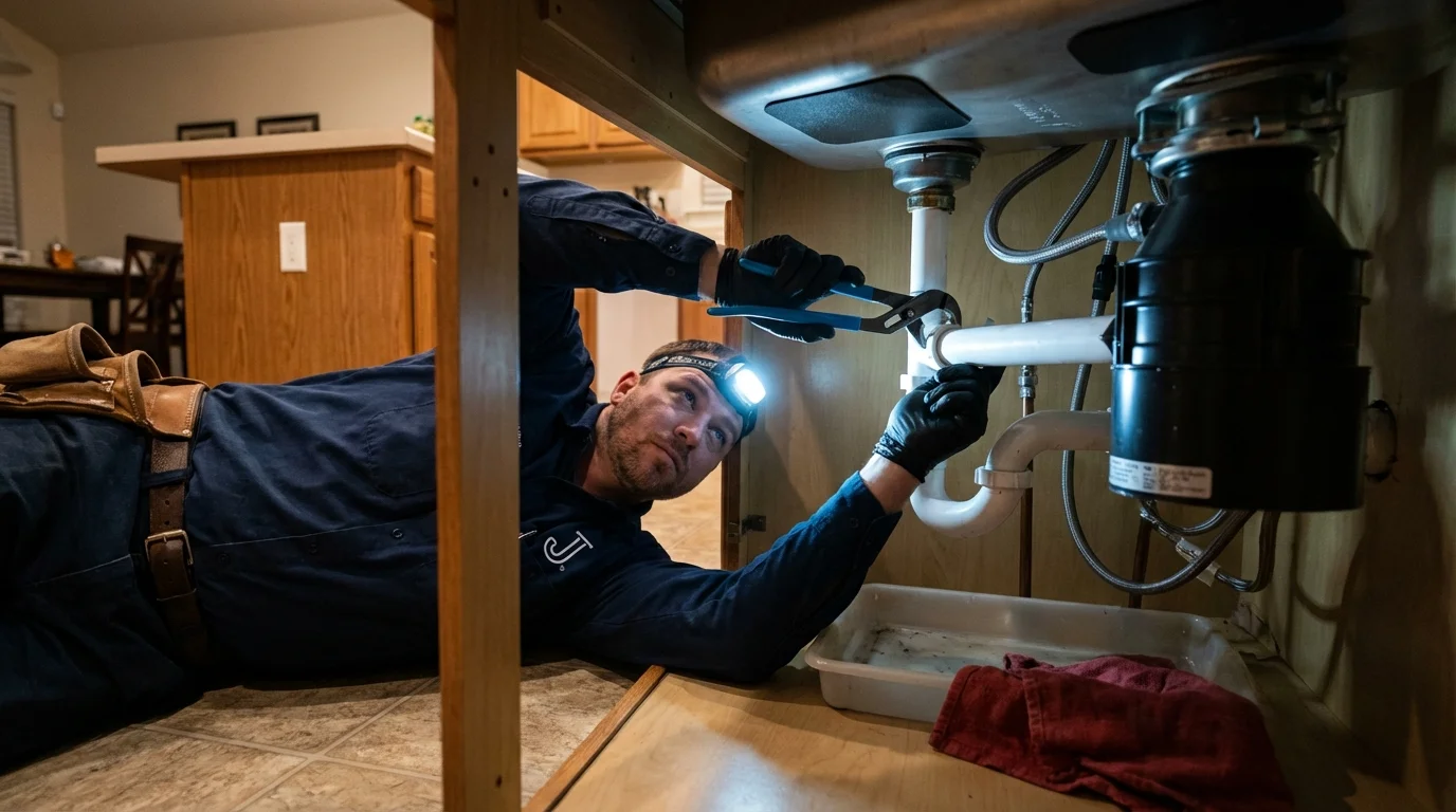 P-trap and supply line connections under a kitchen sink showing a common leak point in Lake Ozark, MO